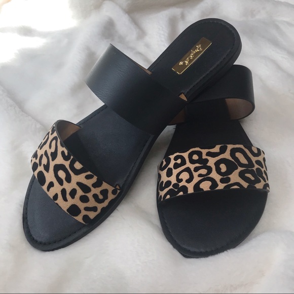 Black & Leopard Print Double strap Slide Sandals - Picture 2 of 8